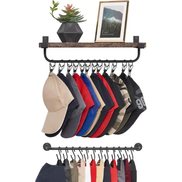 Mkono Hat Rack for Wall with Shelf 24 Baseball Caps Organizer with 12 Hook 12 Clips Wooden Hat Shelf Metal Hat Hanger for Baseball Hats and Accessories Storage Cowboy Hat Rack for Closet Bedroom