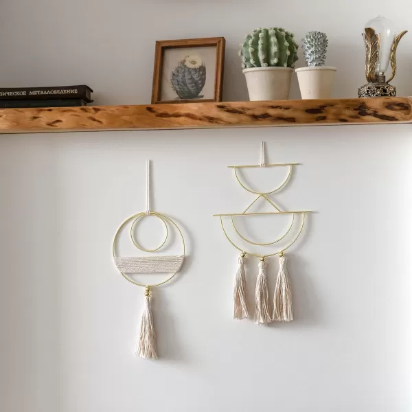 Mkono 2 Pcs Small Macrame Wall Hanging Boho Decor Cute Home Art Ornament with Gold Metal Ring for Bedroom Living Room Nursery Bathroom 15H x 10W and 14H x 8W SmallBeige
