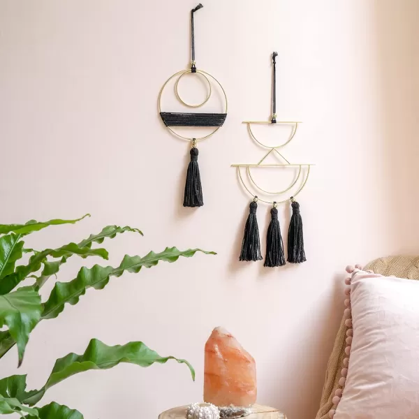 Mkono 2 Pcs Small Macrame Wall Hanging Boho Decor Cute Home Art Ornament with Gold Metal Ring for Bedroom Living Room Nursery Bathroom 15H x 10W and 14H x 8W SmallBlack