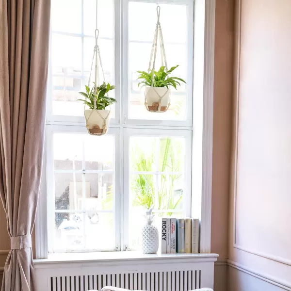 Mkono 75 Inch Hanging Planters Macrame Plant Hangers with Self Watering Plant Pots Indoor Set of 2 Hanging Baskets Flower Pot Holders with Hooks No Tassels for Boho Home Decor Ivory65 Inch