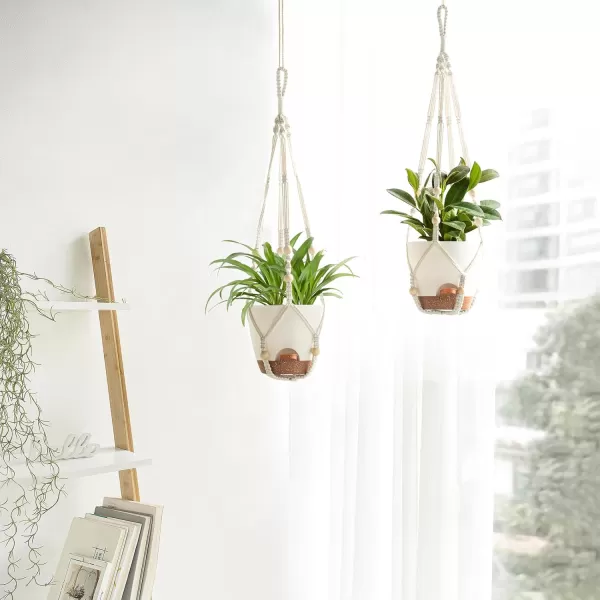 Mkono 75 Inch Hanging Planters Macrame Plant Hangers with Self Watering Plant Pots Indoor Set of 2 Hanging Baskets Flower Pot Holders with Hooks No Tassels for Boho Home Decor Ivory65 Inch