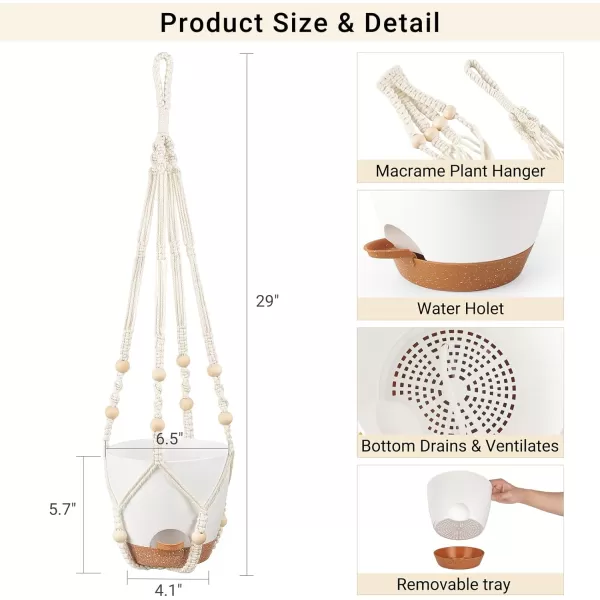 Mkono 75 Inch Hanging Planters Macrame Plant Hangers with Self Watering Plant Pots Indoor Set of 2 Hanging Baskets Flower Pot Holders with Hooks No Tassels for Boho Home Decor Ivory65 Inch