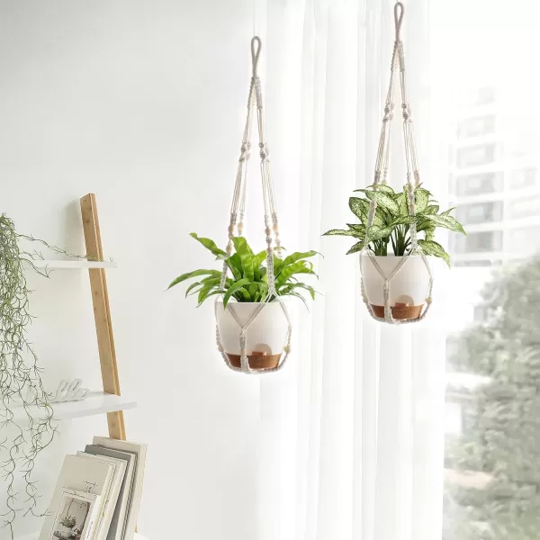 Mkono 75 Inch Hanging Planters Macrame Plant Hangers with Self Watering Plant Pots Indoor Set of 2 Hanging Baskets Flower Pot Holders with Hooks No Tassels for Boho Home Decor Ivory75 Inch