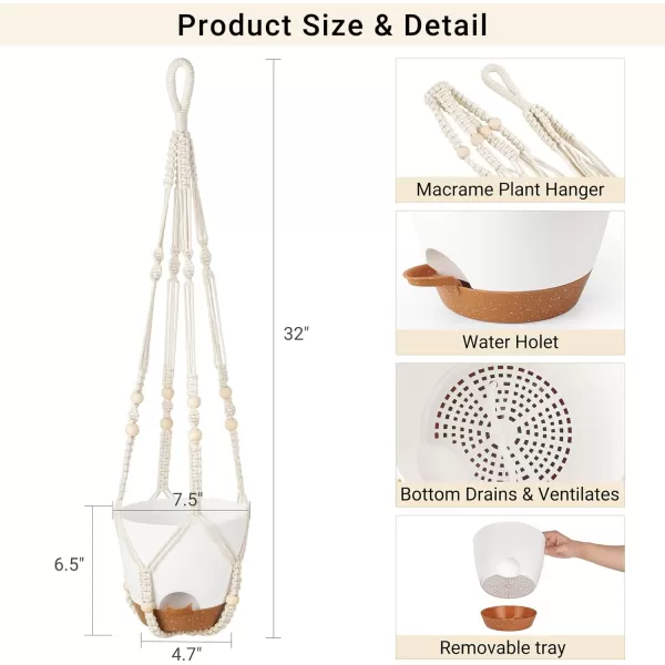 Mkono 75 Inch Hanging Planters Macrame Plant Hangers with Self Watering Plant Pots Indoor Set of 2 Hanging Baskets Flower Pot Holders with Hooks No Tassels for Boho Home Decor Ivory75 Inch