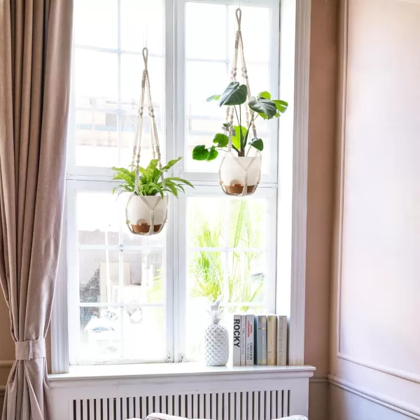 Mkono 75 Inch Hanging Planters Macrame Plant Hangers with Self Watering Plant Pots Indoor Set of 2 Hanging Baskets Flower Pot Holders with Hooks No Tassels for Boho Home Decor Ivory75 Inch