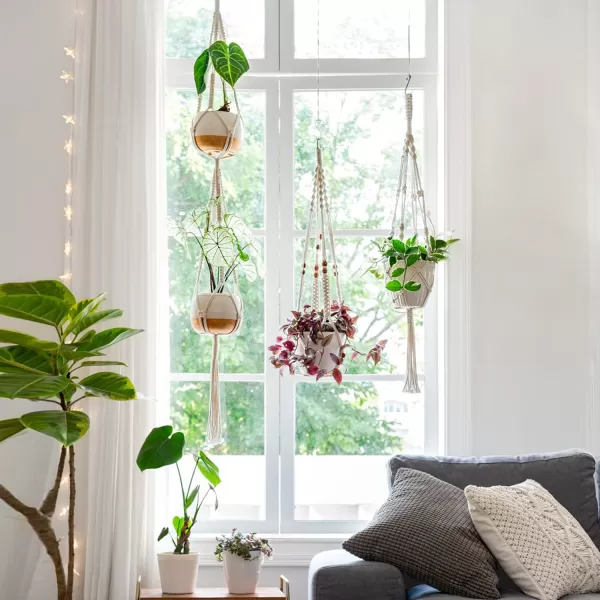 Mkono Macrame Plant Hanger Set of 5 Indoor Wall Hanging Planter Basket Flower Pot Holder Boho Home Decor Gift Box