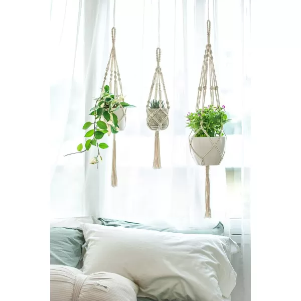 Mkono Macrame Plant Hangers with Plastic Planters 3 Different Sizes Indoor Hanging Planters Basket Decorative Flower Pots Holder Stand Boho Home Decor Pots Included Ivory
