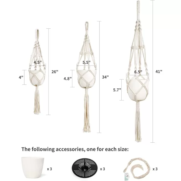 Mkono Macrame Plant Hangers with Plastic Planters 3 Different Sizes Indoor Hanging Planters Basket Decorative Flower Pots Holder Stand Boho Home Decor Pots Included Ivory