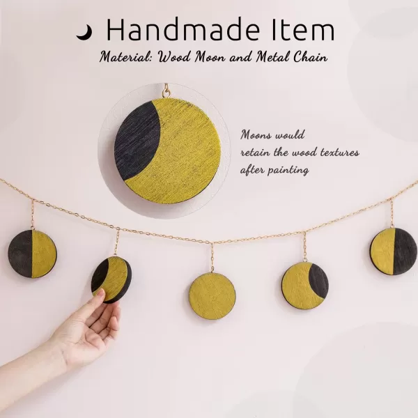 Mkono Moon Phase Wall Hanging Boho Home Decor Metal Garland with Wooden Moons Art Chic Gift Window Dorm Nursery Bedroom Living Room Apartment Office Decorative Ornaments GoldGold