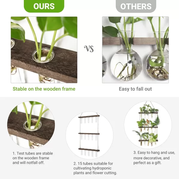 Mkono Plant Propagation Tubes 3 Tiered Wall Hanging Terrarium with Wooden Stand Mini Test Tube Flower Vase Glass Planter Stations for Hydroponic Cutting Home Garden Office Decor Plant Lover GiftBrown