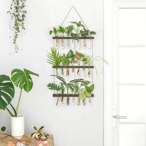 Mkono Plant Propagation Tubes 3 Tiered Wall Hanging Terrarium with Wooden Stand Mini Test Tube Flower Vase Glass Planter Stations for Hydroponic Cutting Home Garden Office Decor Plant Lover GiftBrown