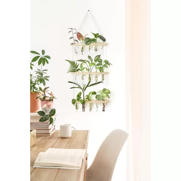 Mkono Plant Propagation Tubes 3 Tiered Wall Hanging Terrarium with Wooden Stand Mini Test Tube Flower Vase Glass Planter Stations for Hydroponic Cutting Home Garden Office Decor Plant Lover GiftBeige
