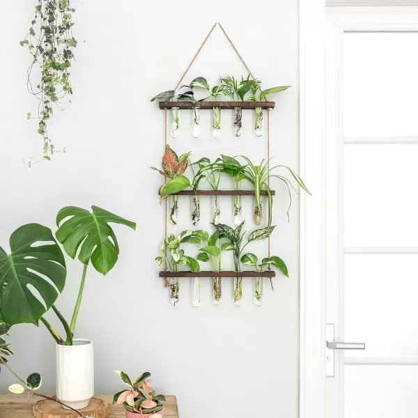 Mkono Plant Propagation Tubes 3 Tiered Wall Hanging Terrarium with Wooden Stand Mini Test Tube Flower Vase Glass Planter Stations for Hydroponic Cutting Home Garden Office Decor Plant Lover GiftBrown