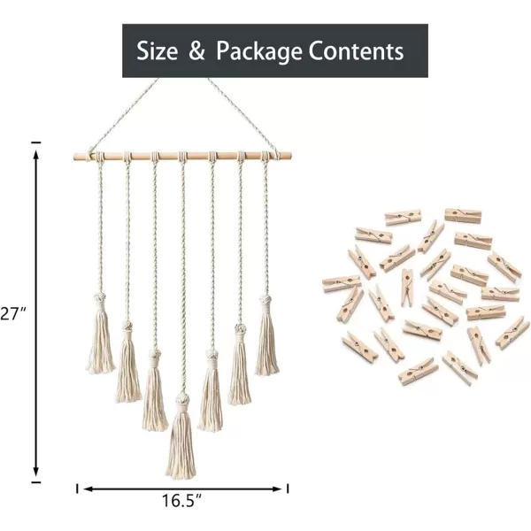 Mkono Teen Girl Room Decor Boho Macrame Hanging Photo Display Pictures Cards Holder Wall Art for Bedroom Livingroom Dorm Home Teens Women Birthday Gift with 25 Wood Clips 27quot L x 165WIvory