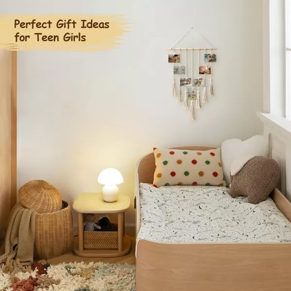 Mkono Teen Girl Room Decor Boho Macrame Hanging Photo Display Pictures Cards Holder Wall Art for Bedroom Livingroom Dorm Home Teens Women Birthday Gift with 25 Wood Clips 27quot L x 165WIvory