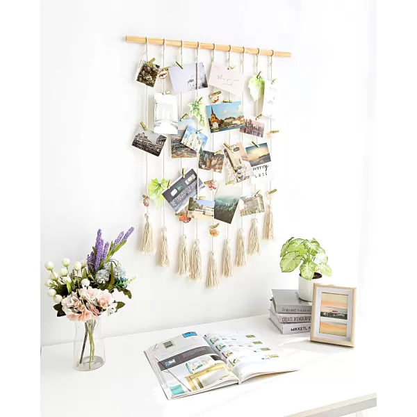 Mkono Teen Girl Room Decor Boho Macrame Hanging Photo Display Pictures Cards Holder Wall Art for Bedroom Livingroom Dorm Home Teens Women Birthday Gift with 25 Wood Clips 27quot L x 165WIvory