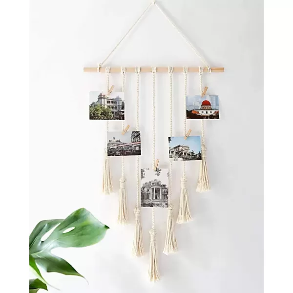 Mkono Teen Girl Room Decor Boho Macrame Hanging Photo Display Pictures Cards Holder Wall Art for Bedroom Livingroom Dorm Home Teens Women Birthday Gift with 25 Wood Clips 27quot L x 165WIvory