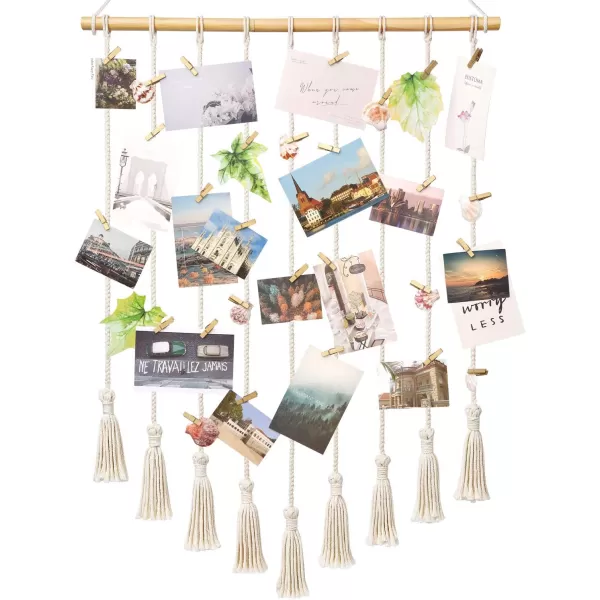 Mkono Teen Girl Room Decor Boho Macrame Hanging Photo Display Pictures Cards Holder Wall Art for Bedroom Livingroom Dorm Home Teens Women Birthday Gift with 25 Wood Clips 27quot L x 165WIvory