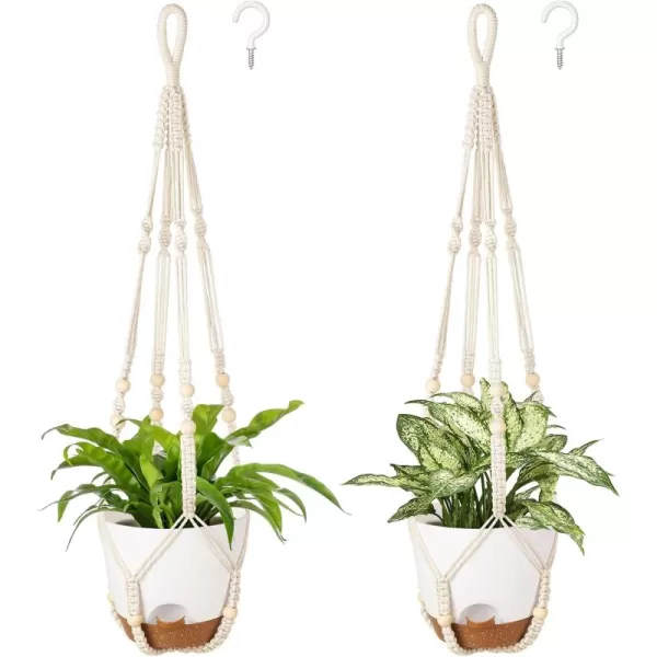 Mkono 75 Inch Hanging Planters Macrame Plant Hangers with Self Watering Plant Pots Indoor Set of 2 Hanging Baskets Flower Pot Holders with Hooks No Tassels for Boho Home Decor Ivory75 Inch