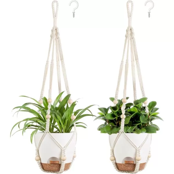Mkono 75 Inch Hanging Planters Macrame Plant Hangers with Self Watering Plant Pots Indoor Set of 2 Hanging Baskets Flower Pot Holders with Hooks No Tassels for Boho Home Decor Ivory65 Inch