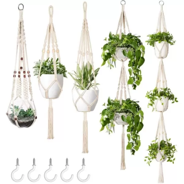 Mkono Macrame Plant Hanger Set of 5 Indoor Wall Hanging Planter Basket Flower Pot Holder Boho Home Decor Gift Box