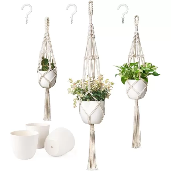 Mkono Macrame Plant Hangers with Plastic Planters 3 Different Sizes Indoor Hanging Planters Basket Decorative Flower Pots Holder Stand Boho Home Decor Pots Included Ivory
