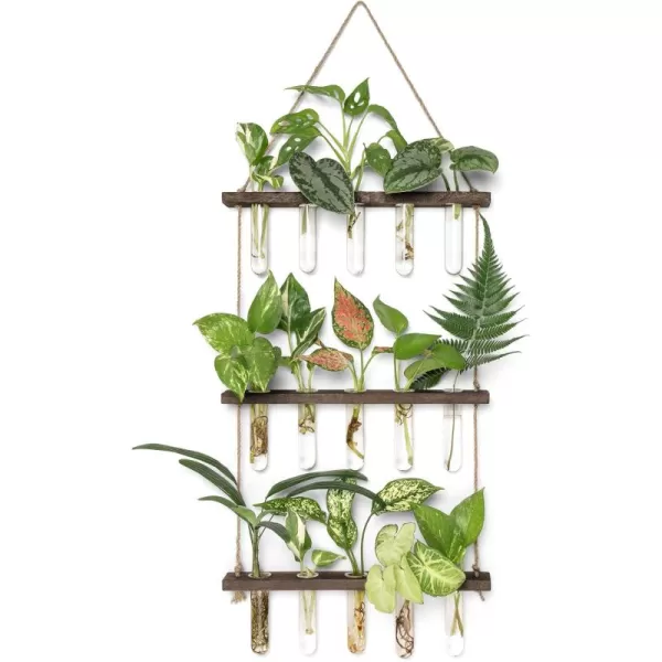 Mkono Plant Propagation Tubes 3 Tiered Wall Hanging Terrarium with Wooden Stand Mini Test Tube Flower Vase Glass Planter Stations for Hydroponic Cutting Home Garden Office Decor Plant Lover GiftBrown