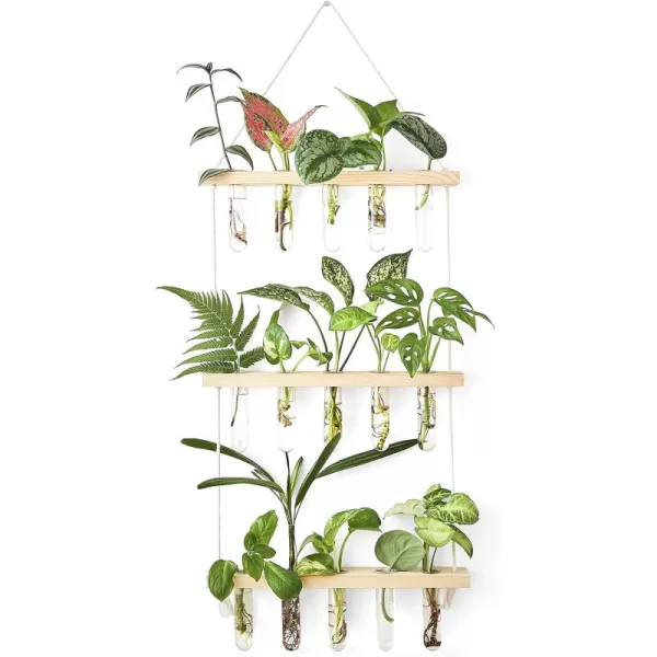 Mkono Plant Propagation Tubes 3 Tiered Wall Hanging Terrarium with Wooden Stand Mini Test Tube Flower Vase Glass Planter Stations for Hydroponic Cutting Home Garden Office Decor Plant Lover GiftBeige