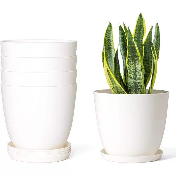 Mkono 65quot Plastic Planters with Saucers Indoor Set of 5 Flower Plant Pots with Drainage for All House Plants Herbs Foliage Plant and Seeding Nursery Cream WhiteCream White