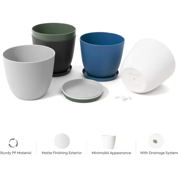 Mkono 65quot Plastic Planters with Saucers Indoor Set of 5 Flower Plant Pots with Drainage for All House Plants Herbs Foliage Plant and Seeding Nursery Cream WhiteMulticolor