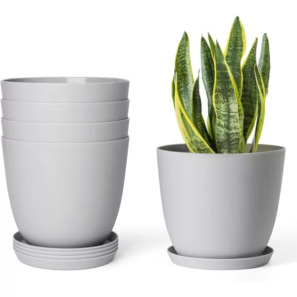 Mkono 65quot Plastic Planters with Saucers Indoor Set of 5 Flower Plant Pots with Drainage for All House Plants Herbs Foliage Plant and Seeding Nursery Cream WhiteGray