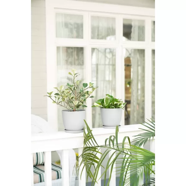 Mkono 65quot Plastic Planters with Saucers Indoor Set of 5 Flower Plant Pots with Drainage for All House Plants Herbs Foliage Plant and Seeding Nursery Cream WhiteGray