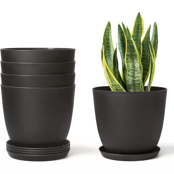 Mkono 65quot Plastic Planters with Saucers Indoor Set of 5 Flower Plant Pots with Drainage for All House Plants Herbs Foliage Plant and Seeding Nursery Cream WhiteBlack