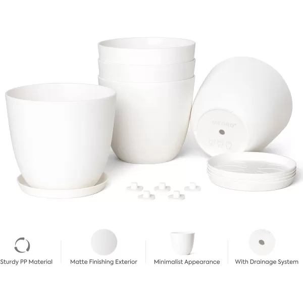 Mkono 65quot Plastic Planters with Saucers Indoor Set of 5 Flower Plant Pots with Drainage for All House Plants Herbs Foliage Plant and Seeding Nursery Cream WhiteCream White