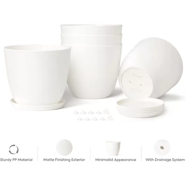 Mkono 65quot Plastic Planters with Saucers Indoor Set of 5 Flower Plant Pots with Drainage for All House Plants Herbs Foliage Plant and Seeding Nursery Cream WhiteCream White