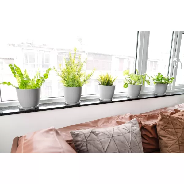 Mkono 65quot Plastic Planters with Saucers Indoor Set of 5 Flower Plant Pots with Drainage for All House Plants Herbs Foliage Plant and Seeding Nursery Cream WhiteGray
