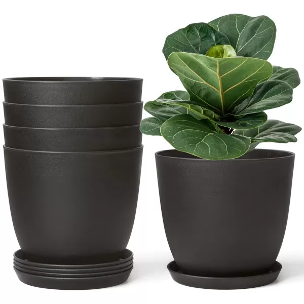 Mkono 65quot Plastic Planters with Saucers Indoor Set of 5 Flower Plant Pots with Drainage for All House Plants Herbs Foliage Plant and Seeding Nursery Cream WhiteBlack