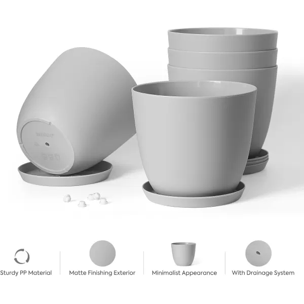 Mkono 65quot Plastic Planters with Saucers Indoor Set of 5 Flower Plant Pots with Drainage for All House Plants Herbs Foliage Plant and Seeding Nursery Cream WhiteGray
