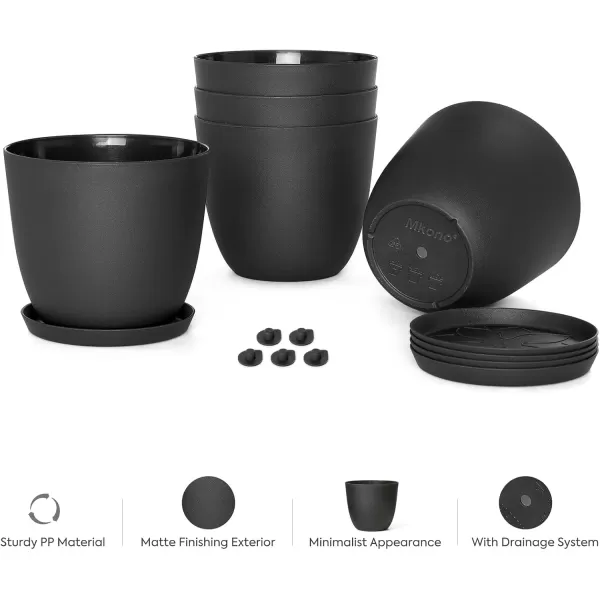 Mkono 65quot Plastic Planters with Saucers Indoor Set of 5 Flower Plant Pots with Drainage for All House Plants Herbs Foliage Plant and Seeding Nursery Cream WhiteBlack