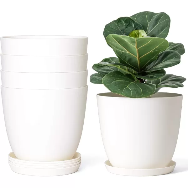 Mkono 65quot Plastic Planters with Saucers Indoor Set of 5 Flower Plant Pots with Drainage for All House Plants Herbs Foliage Plant and Seeding Nursery Cream WhiteCream White