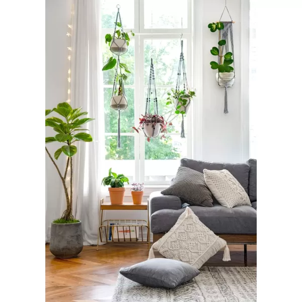 Mkono Macrame Plant Hanger Indoor Outdoor Hanging Planter Basket Cotton Rope 4 Legs 41 InchGray