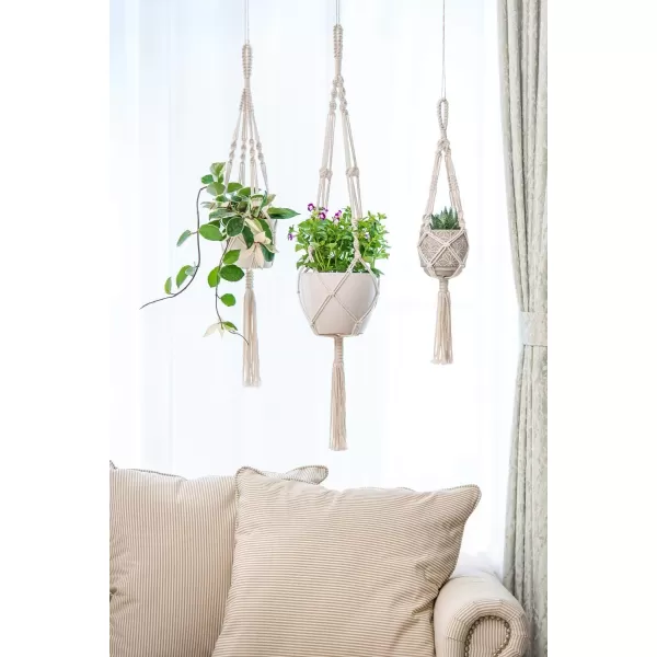 Mkono Macrame Plant Hanger Indoor Outdoor Hanging Planter Basket Cotton Rope 4 Legs 41 InchIvory
