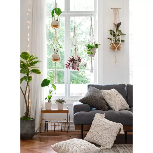 Mkono Macrame Plant Hanger Indoor Outdoor Hanging Planter Basket Cotton Rope 4 Legs 41 InchIvory
