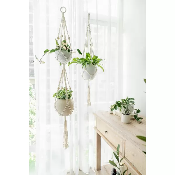 Mkono Macrame Plant Hanger Indoor Outdoor Hanging Planter Basket Cotton Rope 4 Legs 41 InchIvory