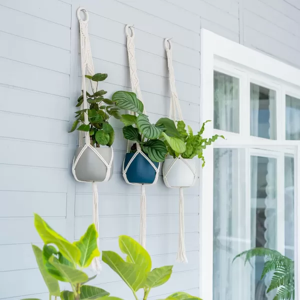 Mkono Macrame Plant Hangers Set of 3 Indoor Wall Hanging Planter Basket Flower Pot Holder Boho Home Decor 39 Inch Ivory