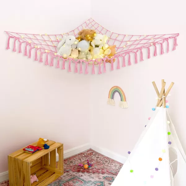 Mkono Stuffed Animal Net or Hammock Boho Toy Storage Holder Hanging Organizer with Decorative Tassels and Lights Large Corner Plush Net Toys Display Hammock for Nursery Kid Room Playroom IvoryPink