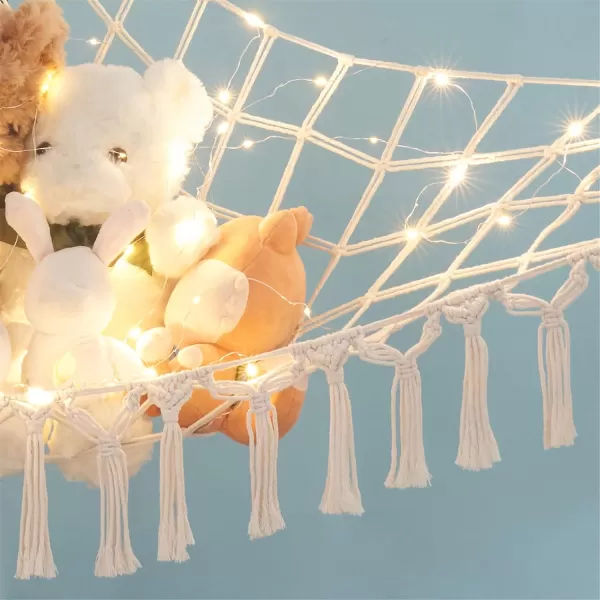 Mkono Stuffed Animal Net or Hammock Boho Toy Storage Holder Hanging Organizer with Decorative Tassels and Lights Large Corner Plush Net Toys Display Hammock for Nursery Kid Room Playroom IvoryIvory