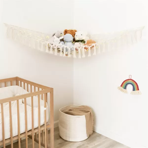 Mkono Stuffed Animal Net or Hammock Boho Toy Storage Holder Hanging Organizer with Decorative Tassels and Lights Large Corner Plush Net Toys Display Hammock for Nursery Kid Room Playroom IvoryIvory
