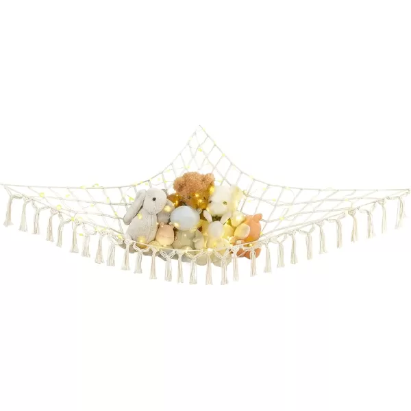 Mkono Stuffed Animal Net or Hammock Boho Toy Storage Holder Hanging Organizer with Decorative Tassels and Lights Large Corner Plush Net Toys Display Hammock for Nursery Kid Room Playroom IvoryIvory