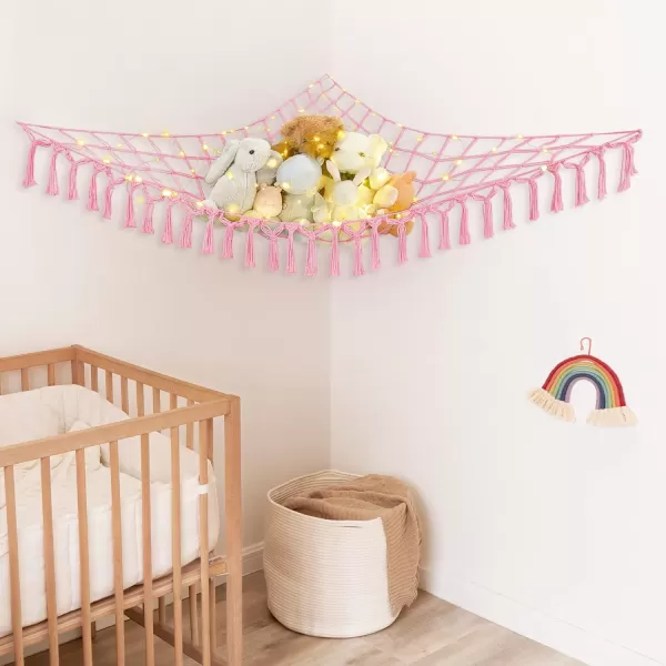 Mkono Stuffed Animal Net or Hammock Boho Toy Storage Holder Hanging Organizer with Decorative Tassels and Lights Large Corner Plush Net Toys Display Hammock for Nursery Kid Room Playroom IvoryPink